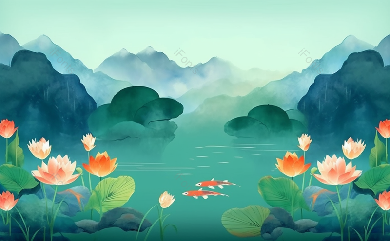 扁平化唯美荷花风景插画绿色背景,插画/手绘图,插画/手绘图库,插画/手绘图下载,插画/手绘